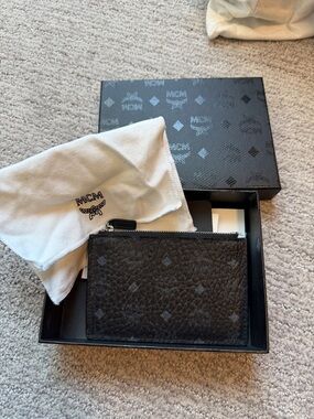 MCM Black Textured Monogram Zip Card Pouch
